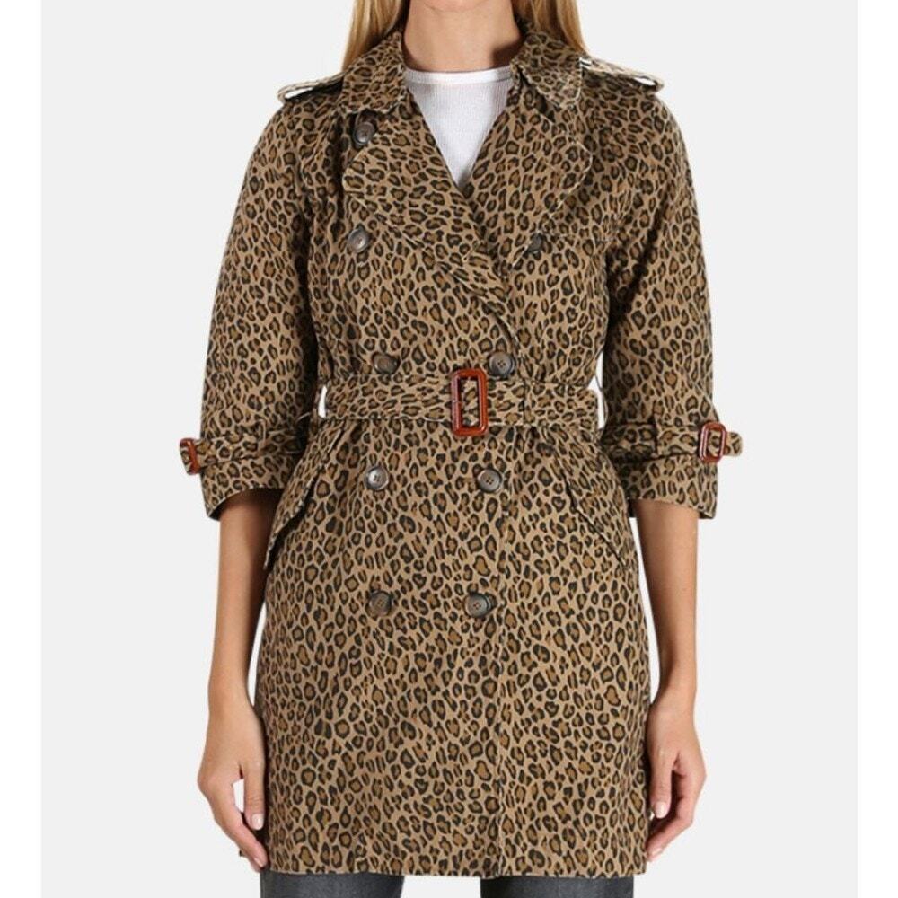 R13 Raglan Sleeve Trench Coat Leopard Animal Print Double Breasted Belted XS